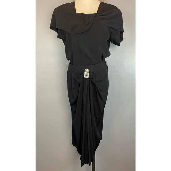 Vintage 40s 50s Black Rayon Crepe Draped Midi Dress Med Lg Rhinestone Belt - Picture 10 of 10